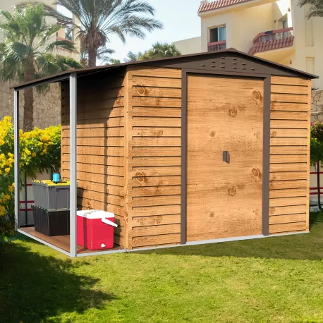 Abri de jardin en métal 4.78m² imitation bois avec appentis