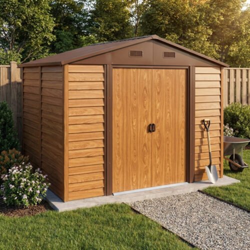 Abri de jardin en métal 4.6m² aspect bois