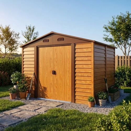 Abri de jardin en métal 6.62m² aspect bois