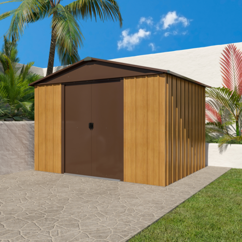 Abri de jardin métal 7.18m² aspect bois et marron