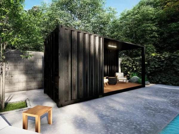 Pool house en container avec terrasse ouverte et local fermé