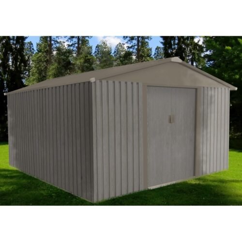 Abri de jardin métal 9.66m² imitation bois vieilli