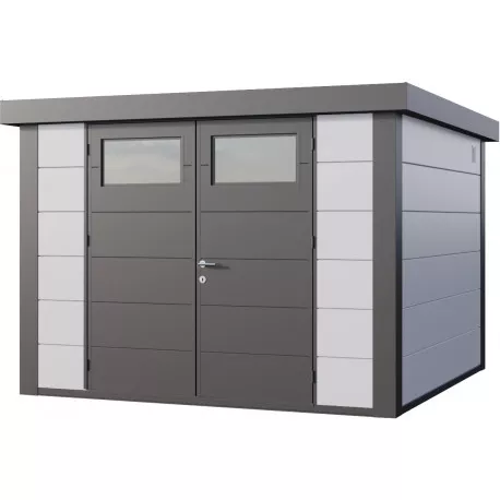 Abri en acier galvanisé gris blanc 8.9m² avec double porte