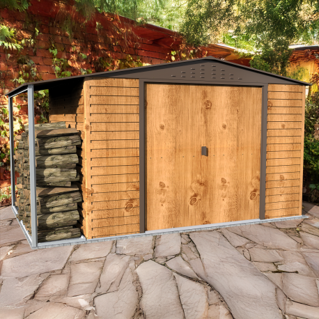 Abri de jardin en métal 7.81m² imitation bois avec appentis