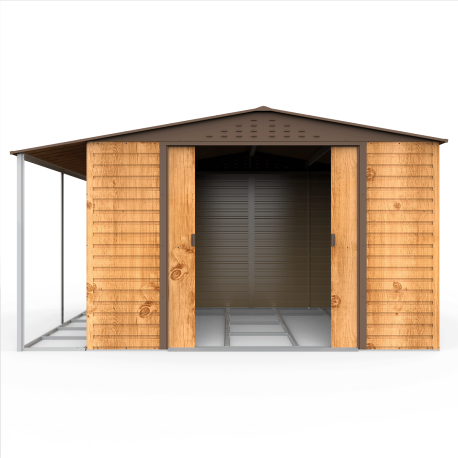 Abri de jardin en métal 9.75m² imitation bois avec appentis