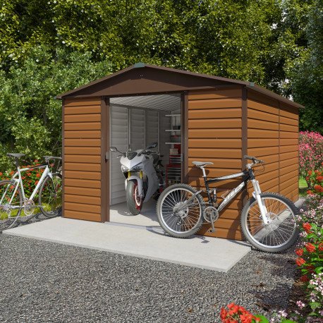 Abri de jardin métal 11.4m² aspect bois et marron porte coulissante